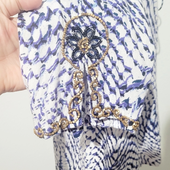 Soft Surroundings Beaded Tie Neck Tunic Blue White Rayon Boho Resort Top Large - Picture 4 of 12